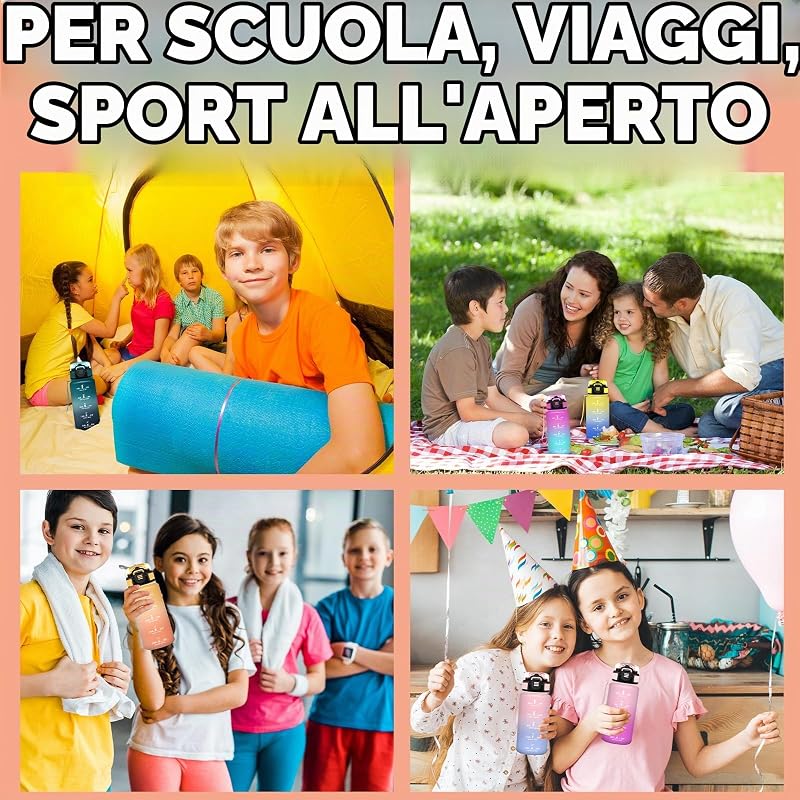 Borraccia- 500ml- Borraccia Bambini, Borracce con Cannuccia, Senza Perdite, Water Bottle Motivazionale, Facile da Trasportare, Bottiglia con Orari per Bere, Con Slogan Motivazionale, per Scuole, Sport