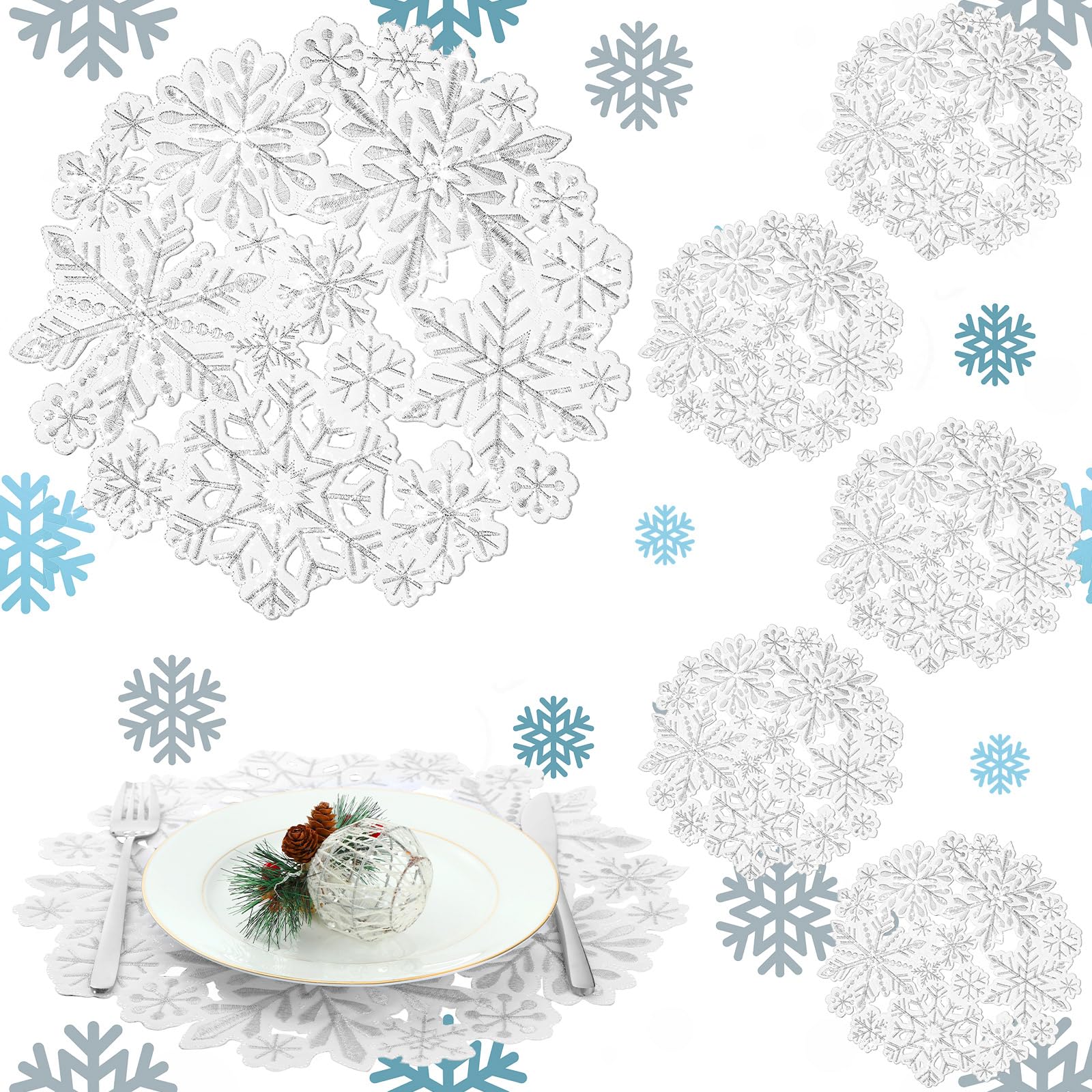 Photo 1 of Yingzhao 6 Pcs White Christmas Snowflake Placemats Embroidered Table Placemats Washable Round Snow Flake Table Mats for Xmas Party Winter Holiday Wedding Dinner Decoration