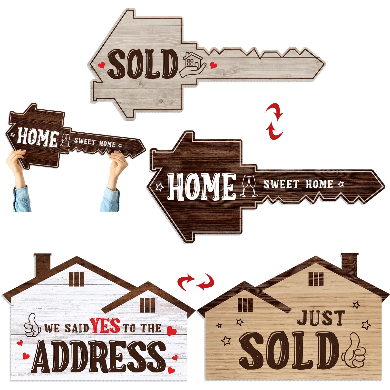 Photo 1 of Teenyyou 2 Pcs Extra Large Real Estate Sold Sign for New Homeowners, 26.5" and 24.1", Corrugated Board Double Sided Social Media Photo Props Sweet Home Key Shaped Closing Gifts for Buyers agent