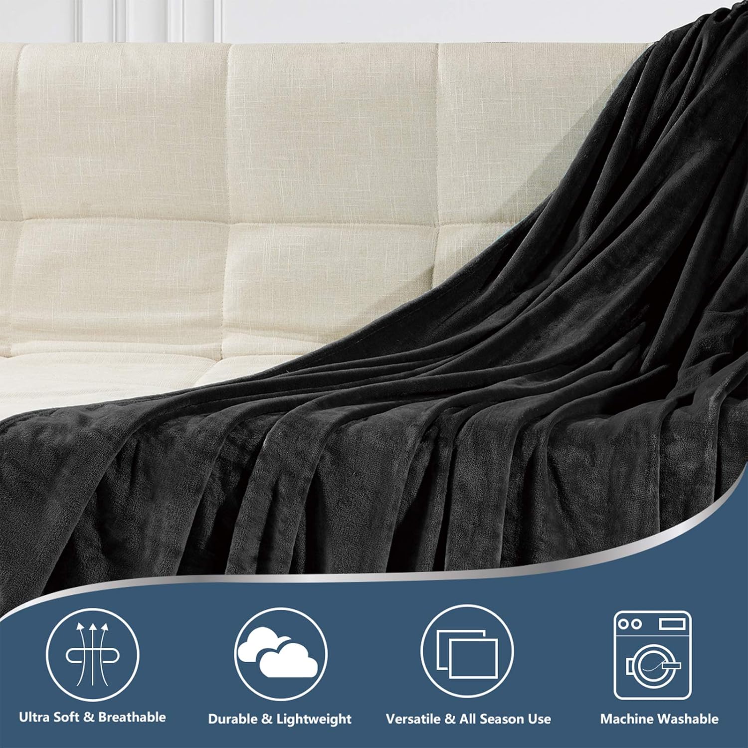 WAVVE Fleece Blanket Sofa Throw Black 5ft x 6.5ft - Fluffy Soft Warm Versatile Blanket for Sofa/Couch/Bed Double/Twin Size, 150x200 cm - Image 3