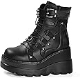 Gothniero Platform Goth Ankle Boots for Womem Black Holographic Combat Chunky Heel Boots with Side Zip Lace Up Wedge Booties US5.5-11