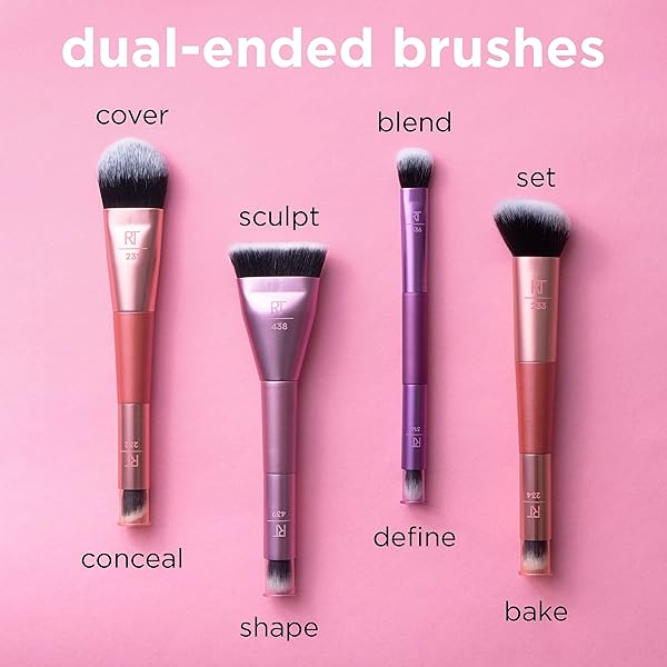 REAL TECHNIQUES COVER & CONCEAL DUAL ENDED 2-IN-1 MAKEUP BRUSH, FOR FLAWLESS FOUNDATION COVERAGE, SMOOTHS AND CONCEALS, COVERS BLEMISHES AND IMPERFECTIONS, FLAWLESS RESULTS, ORANGE, 1 COUNT