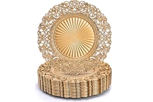 Foraineam Gold Charger Plates Set of 12, 13" Round Plastic Dinner Chargers, Decorative Hollowed Out Flowers Serving Plates fo