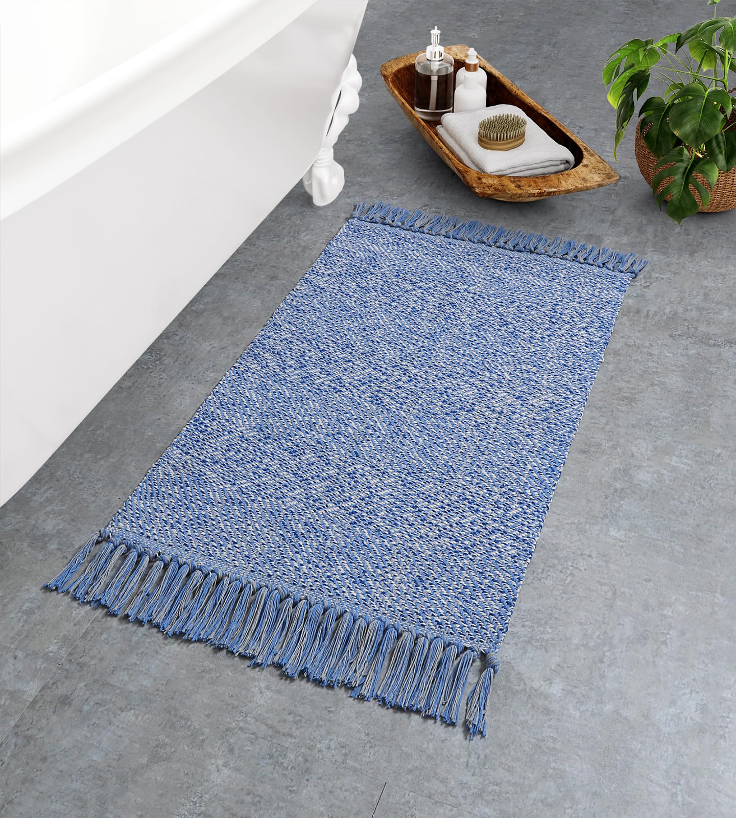 Photo 1 of Collive Small Bathroom Rug, 2' x 3' Hand-Woven Low Profile Front Entryway Rug, Navy Blue Cotton Reversible Washable Kitchen Mat Modern Farmhouse Carpet for Foyer Bedroom Back Door Decor