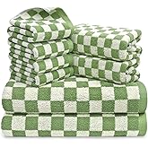 Jacquotha Green Checkered Towels Set of 8, Cotton Towels for Bathroom, 2 Bath, 2 Hand, 4 Washcloths, Soft Absorbent Quick Dry Gifts