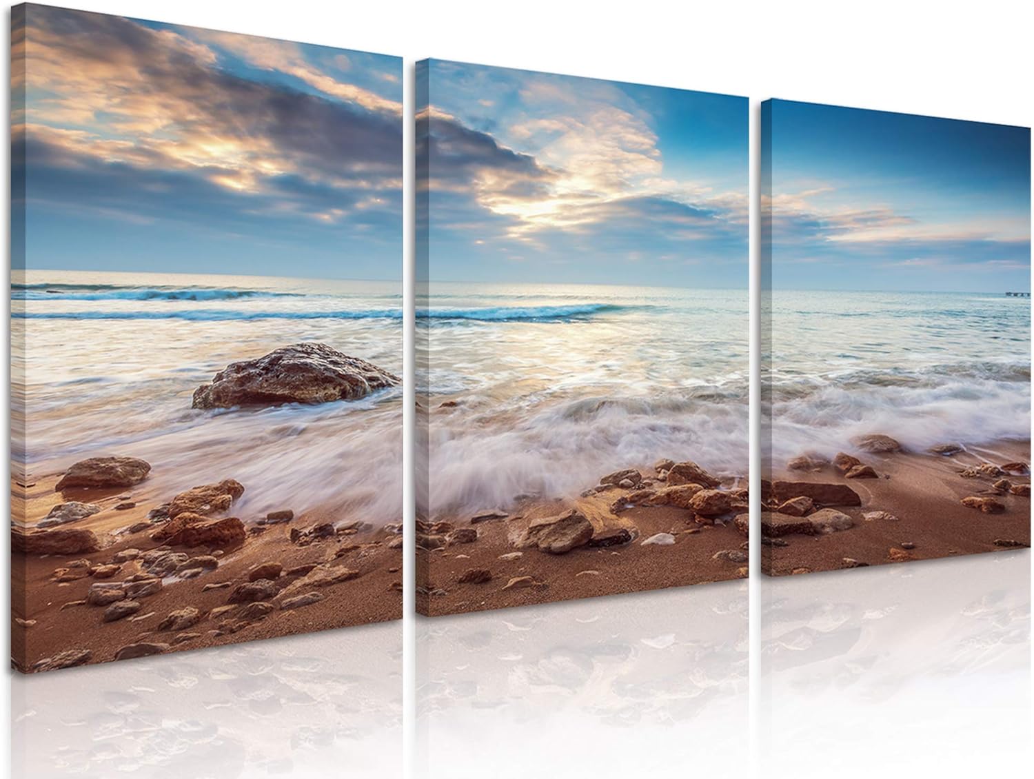 Natural art Modern Stretched and Framed Paintings Contemporary Large Canvas Art Prints Wall Art White Wave Pictures for Home Decor Ready to Hang, 3 Panels