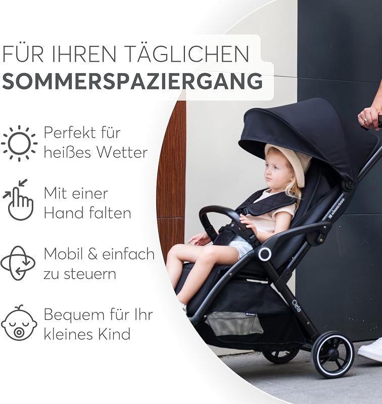 KikkaBoo Buggy Kinderwagen Reisebuggy CIELA, Bis 22 kg, Leicht (7,1 kg), One-Hand-Faltbar, Atmungsaktiv & Wasserabweisend, Inkl. Regenschutz, Schwarz