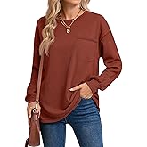 Ficerd Womens Waffle Knit Long Sleeve Tops Crewneck Loose Fit Casual Basic Blouses Shirts with Pocket