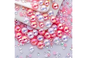 MYYKO 60g Light Pink White Pearl Rhinestones for Crafts Mixed Size 3mm-10mm AB Color Round Half Pearls Flatback Pearl Beads and Resin Rhinestones Set for Face Art with Gel