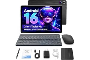 Jeazans Android 16 Tablet 10.1 Inch, 2-in-1 Tablet Bundle with Keyboard, Wireless Mouse, Stylus, Leather Case, Dual Camera, 64GB Storage+1TB Expansion, Portable Laptop for Students & Business
