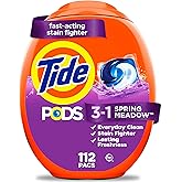 Tide PODS laundry detergent pacs, 3-in-1 Stain Remover, Odor Fighter, Color Protector, 112 Count, HE compatible, Spring Meadow Scent