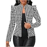 MakeMeChic Women's Houndstooth Blazer Mock Neck Full Zip Ruffled Jacket Long Sleeve Outerwear Coat