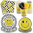 Kochorie 144 Pieces One Happy Dude Party Tableware Sets including Disposable Plates Napkins Cups Forks Serves 24 for Smiley Face 1st Birthday Preppy Party Decorations