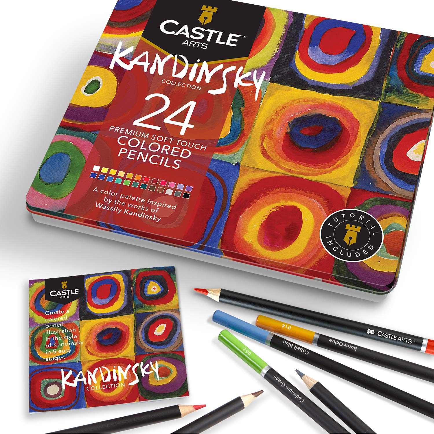 Castle Arts Themed 24 Coloured Pencil Set in Tin Box, Perfect ‘Kandinsky’ Inspired Colours. Featuring Quality, Smooth Coloured Cores, Superior Blending & Layering Performance for Great Results