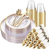 SUT 175 Pcs Gold and Clear Plastic Dinnerware Set for 25 Guests, Include: 25 Dinner Plates, 25 Dessert Plates, 25 Pre Rolled Napkins With Silverware, 25 Cups, Disposable Plates for Party, Wedding