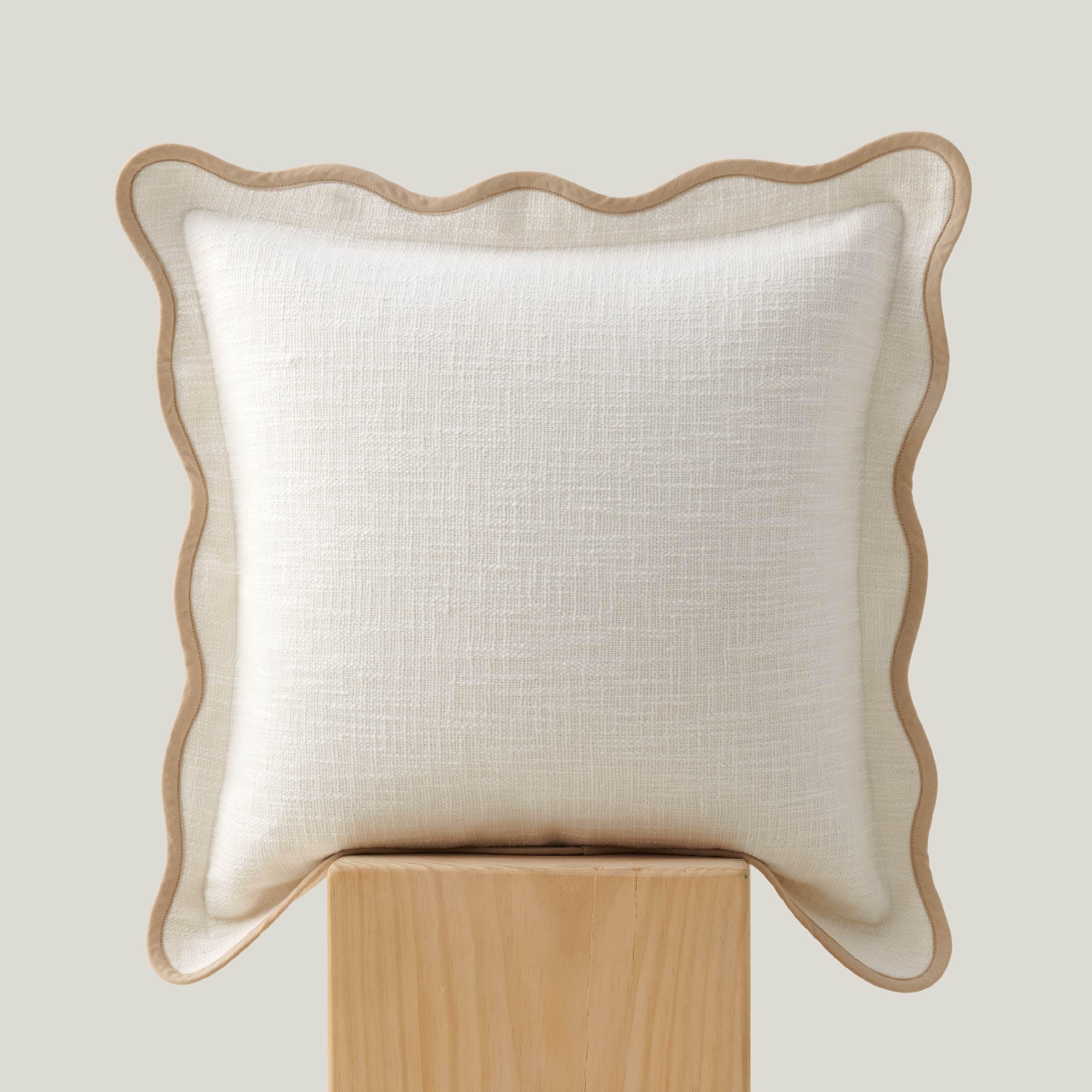 Photo 1 of Double Stitch Scalloped Throw Pillow Covers - 100% Cotton Decorative Boho Pillow Covers 20 x 20, Made in India, Square Cushion Case, Modern Home Decor for Couch Sofa Living Room, Cream