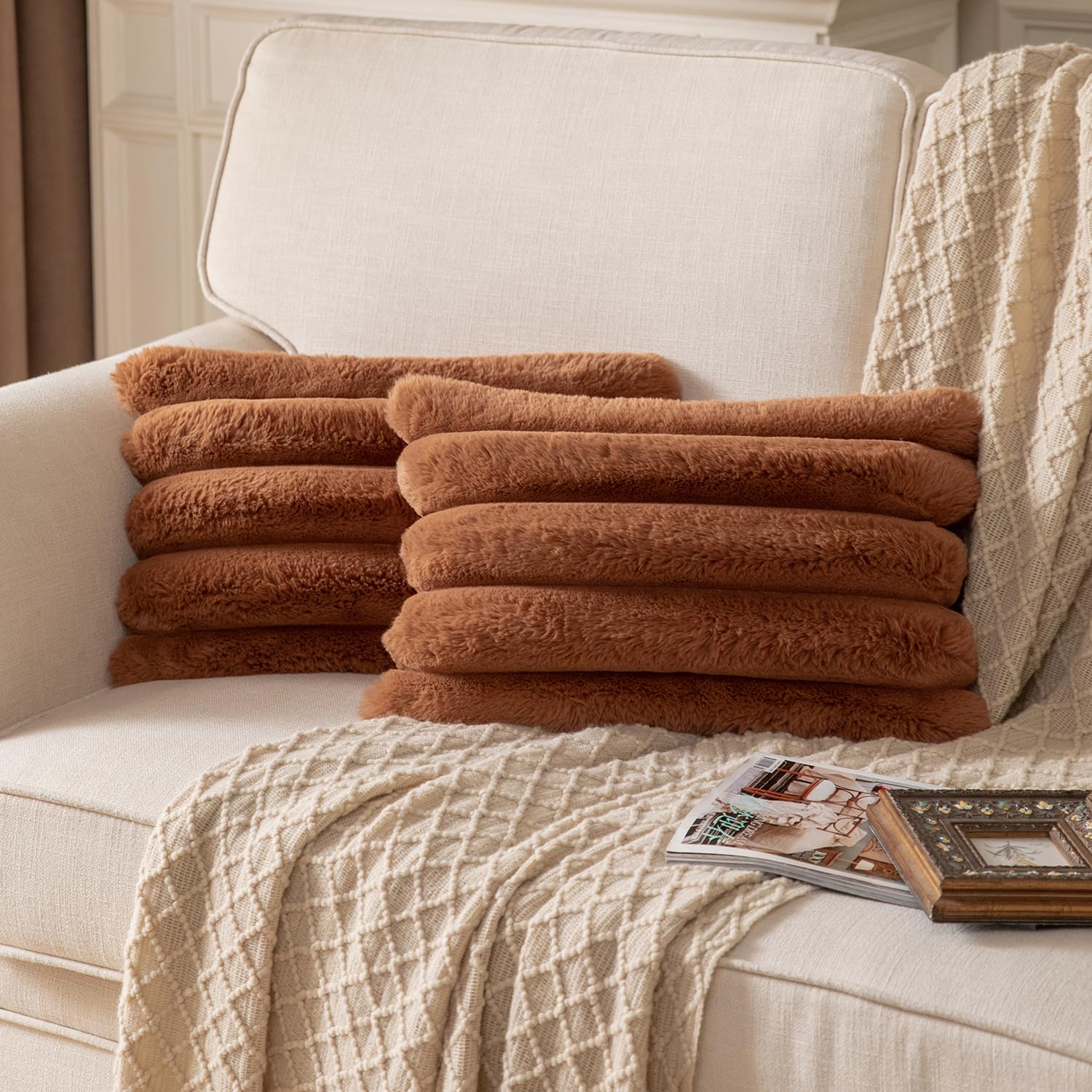 YAERTUN Set of 2 Brown Striped Decorative Cushion Covers 12x20 Inch 30x50 cm Plush Soft Throw Pillow Case with Velvet Back Faux Rabbit Fur Pillow Covers Sofa Couch Bed Livingroom