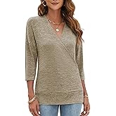 Ferriweel Womens 3/4 Sleeve Cross Wrap V Neck Tops Knit Tunic Blouse Casual Shirts
