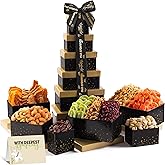NUT CRAVINGS Gourmet Collection - Sympathy Condolence, Nuts & Dried Fruits Tower Gift Basket, with Sympathy Ribbon + Greeting Card (12 Assortments) Food Arrangement, Healthy Snack, Food Assortments