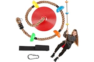 TURFEE Tree Swing for Kids, Single Disk 6 Ft Outdoor Climbing Rope, Carabiner & 4 Ft Tree Strap, Playground Accessories - Multi-Colored Disc Swing Seat-Red
