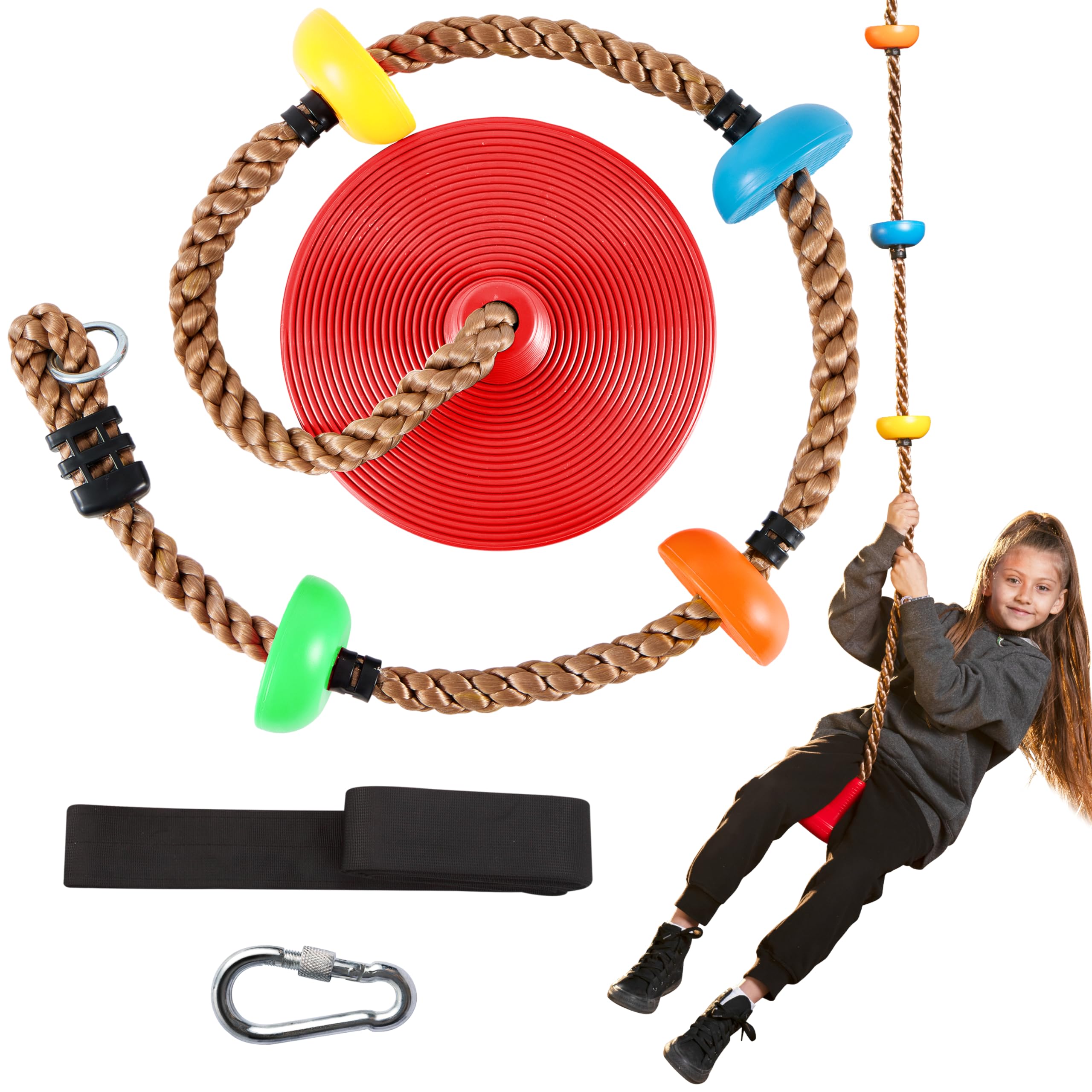 Photo 1 of TURFEE Tree Swing for Kids, Single Disk 6 Ft Outdoor Climbing Rope, Carabiner & 4 Ft Tree Strap, Playground Accessories - Multi-Colored Disc Swing Seat-Red