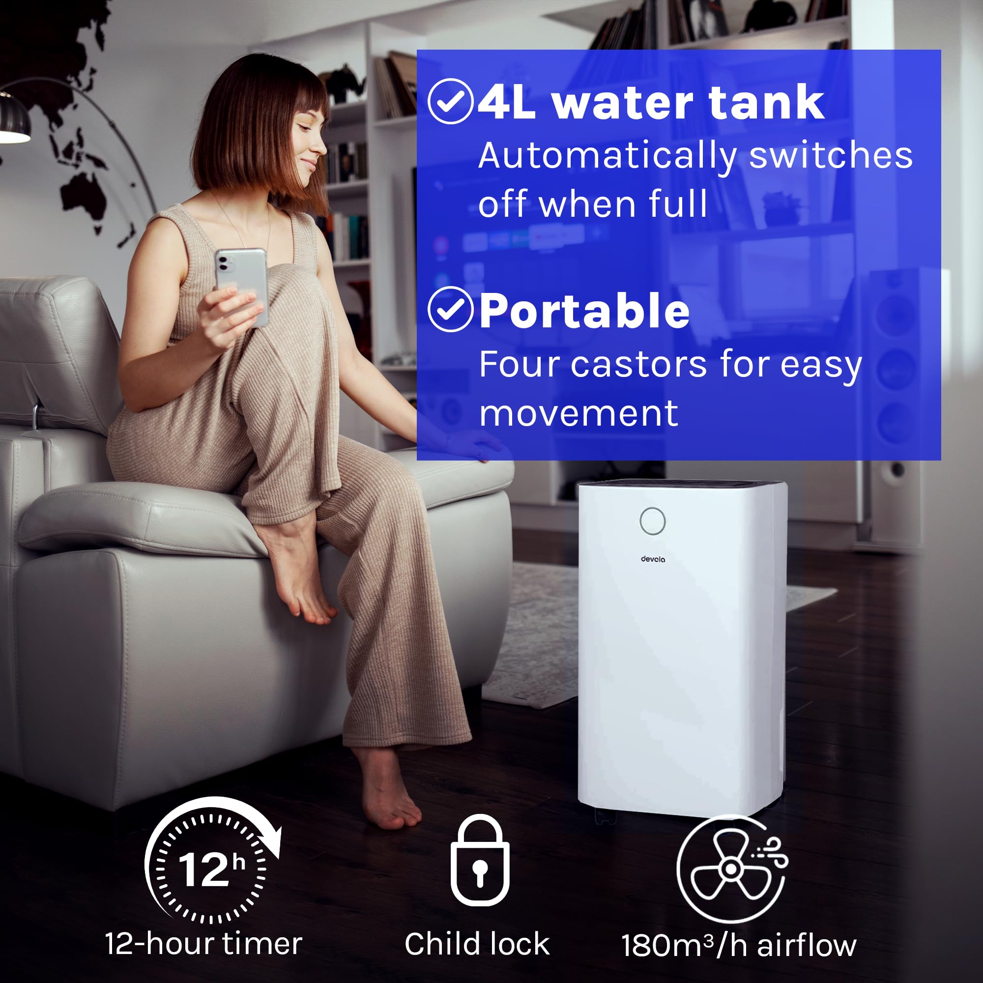 Devola 20L/day Low Energy Dehumidifier, Quiet & Energy Efficient Dehumidifiers for Home & Air purifier With HEPA filter, Laundry Mode