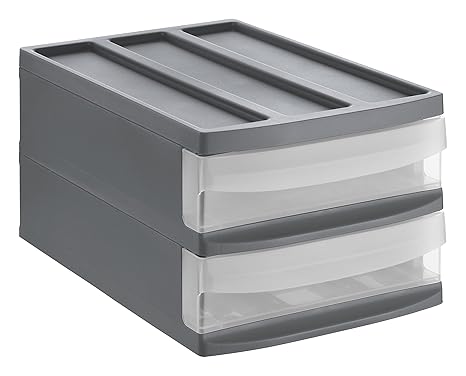 Rotho Systemix Schubladenbox mit 2 Schüben, Kunststoff (PP), anthrazit / transparent, Gr. M Duo (39,5 x 25,5 x 20,3 cm)