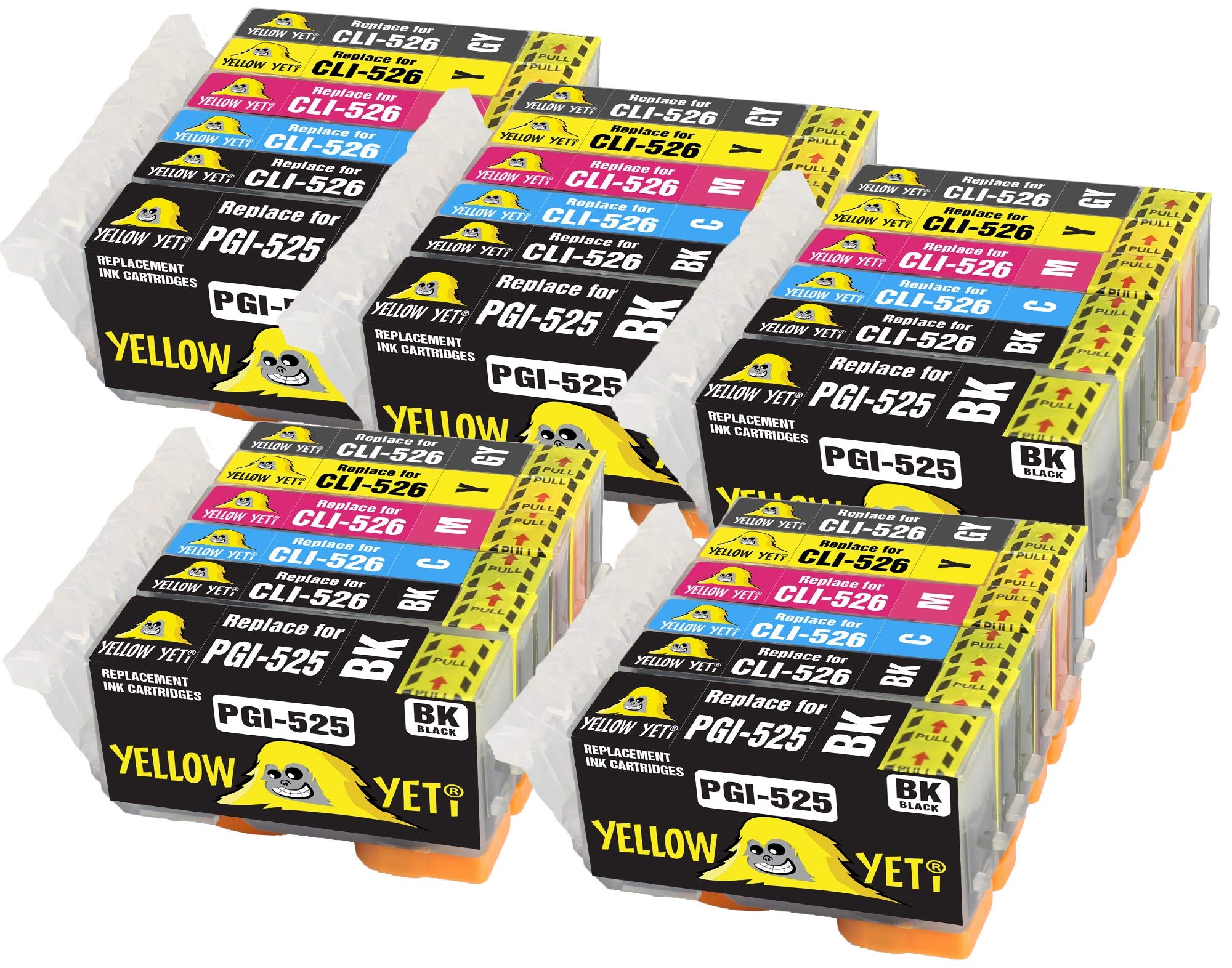 YELLOW YETI PGI-525 CLI-526 Ink Cartridges compatible with Canon MG6150 MG6250 MG8150 MG8250 (5 PG Black + 5 Black + 5 Cyan + 5 Magenta + 5 Yellow + 5 Grey)