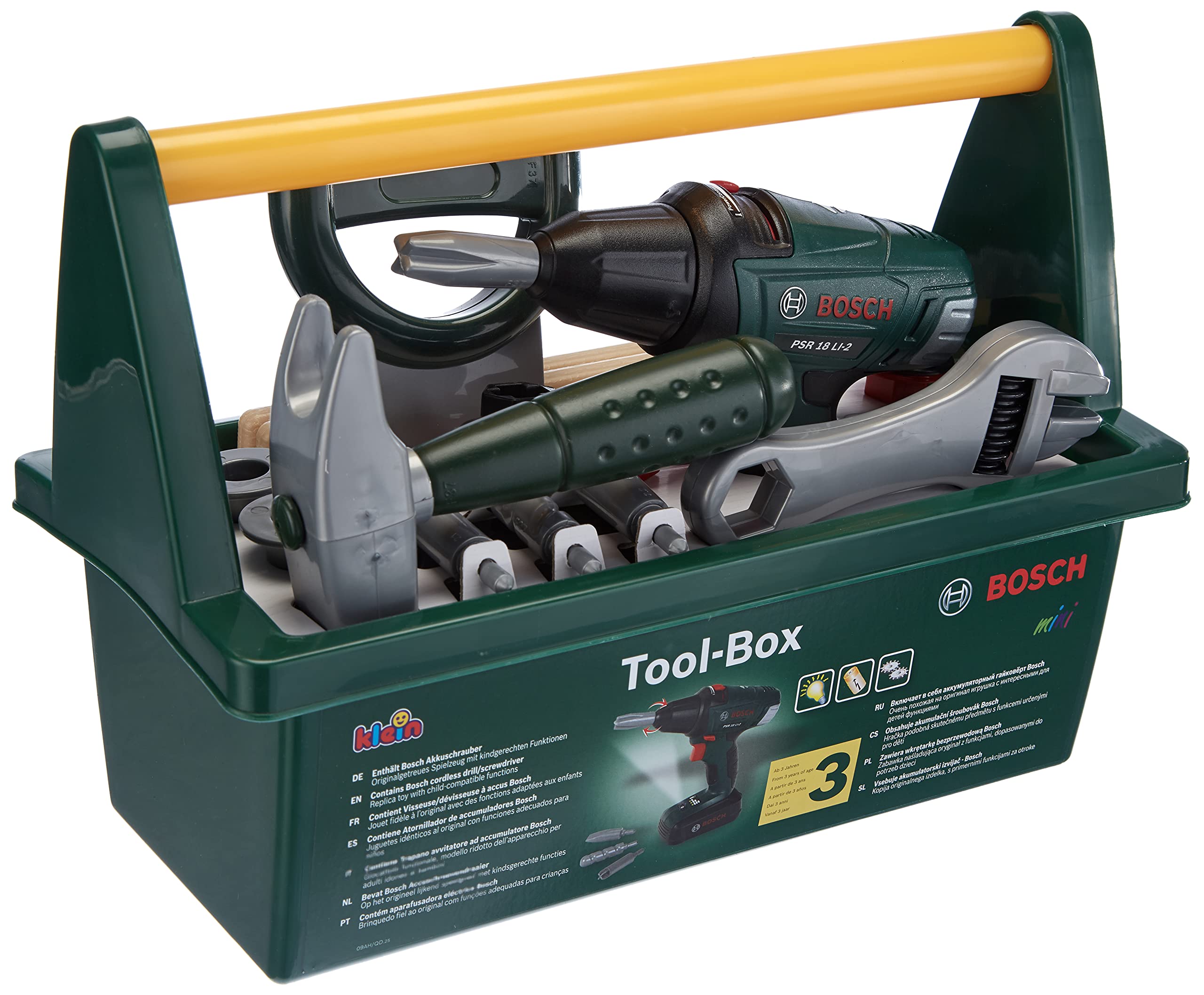 Theo Klein 8429 Bosch Tool Box I With saw, hammer, pliers and much more I Battery-powered cordless screwdriver I Dimensions: 31 cm x 16.5 cm x 22.5 cm I Toy for children aged 3 years and up
