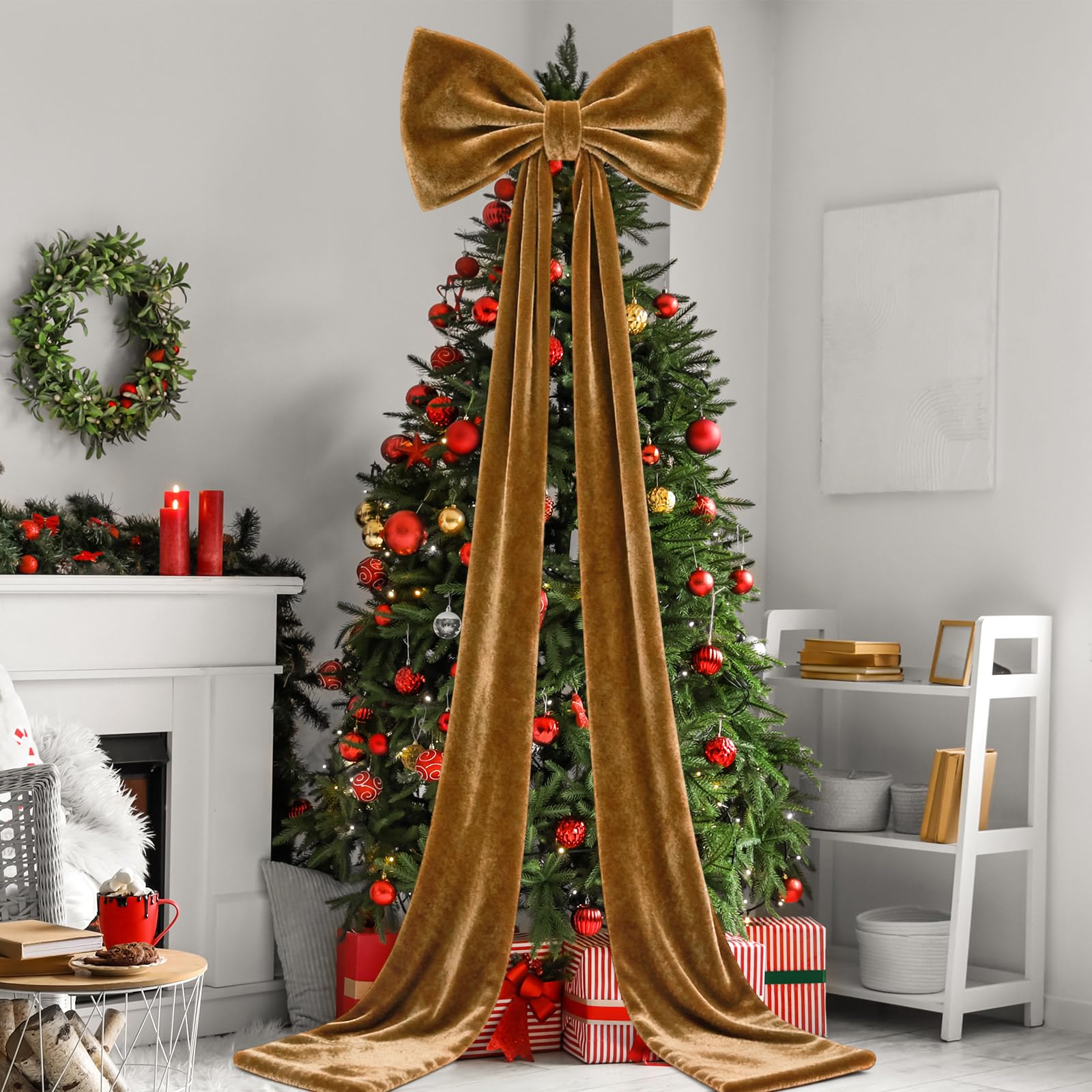 Photo 1 of 118 x 31 Inch Giant Christmas Tree Topper Bow Extra Large Velvet Bow for Christmas Decoration Huge Xmas Tree Bows with Streamers for Home Holiday Birthday Wedding Party Decor Supplies (Brown)