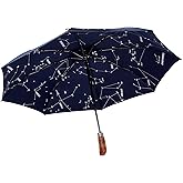 Balios (Designed in UK) Umbrella Handmade Real Wood Handle-Dark Navy with Sophisticated Constellation Interior Pattern-Windproof Fiberglass Auto Open Close Folding-300T Finest Fabric