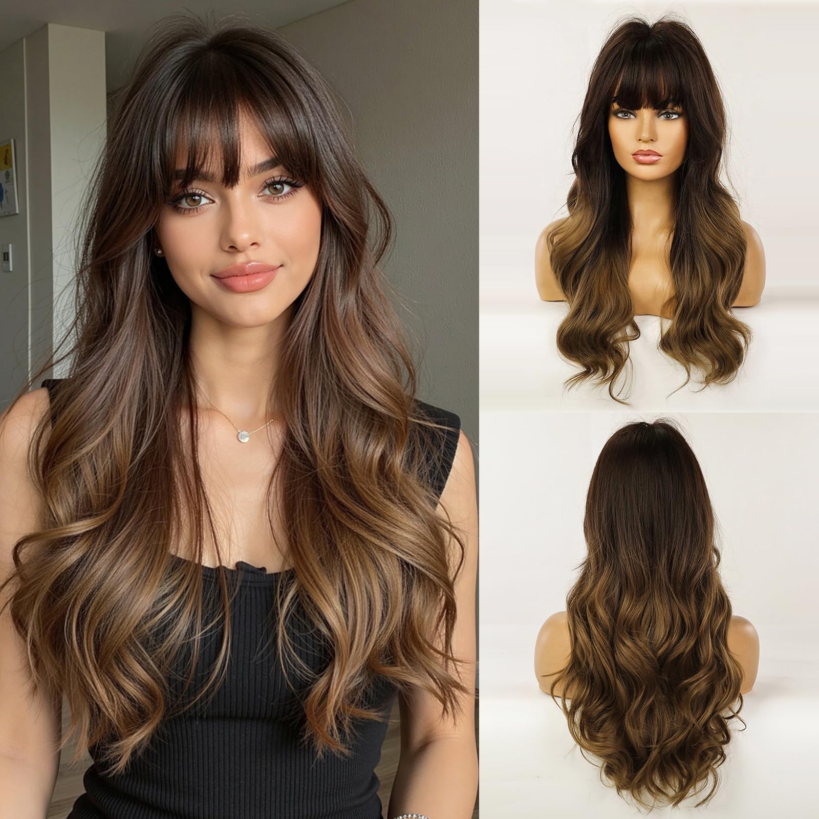 Esmee 24" Synthetic Wigs for Women Dark Roots Long Wig with Bangs Ombre Wavy Hair Realistic Simulation Scalp Middle Part