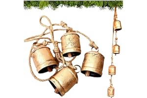 ALADEAN Rustic Decorative Cow Bells 4-Bell Cluster Christmas Bell Shabby Chic Vintage Harmony Cowbell Brass Coated Country Jute Rope Hanging Gold Bells (4pc Cluster 10cm)