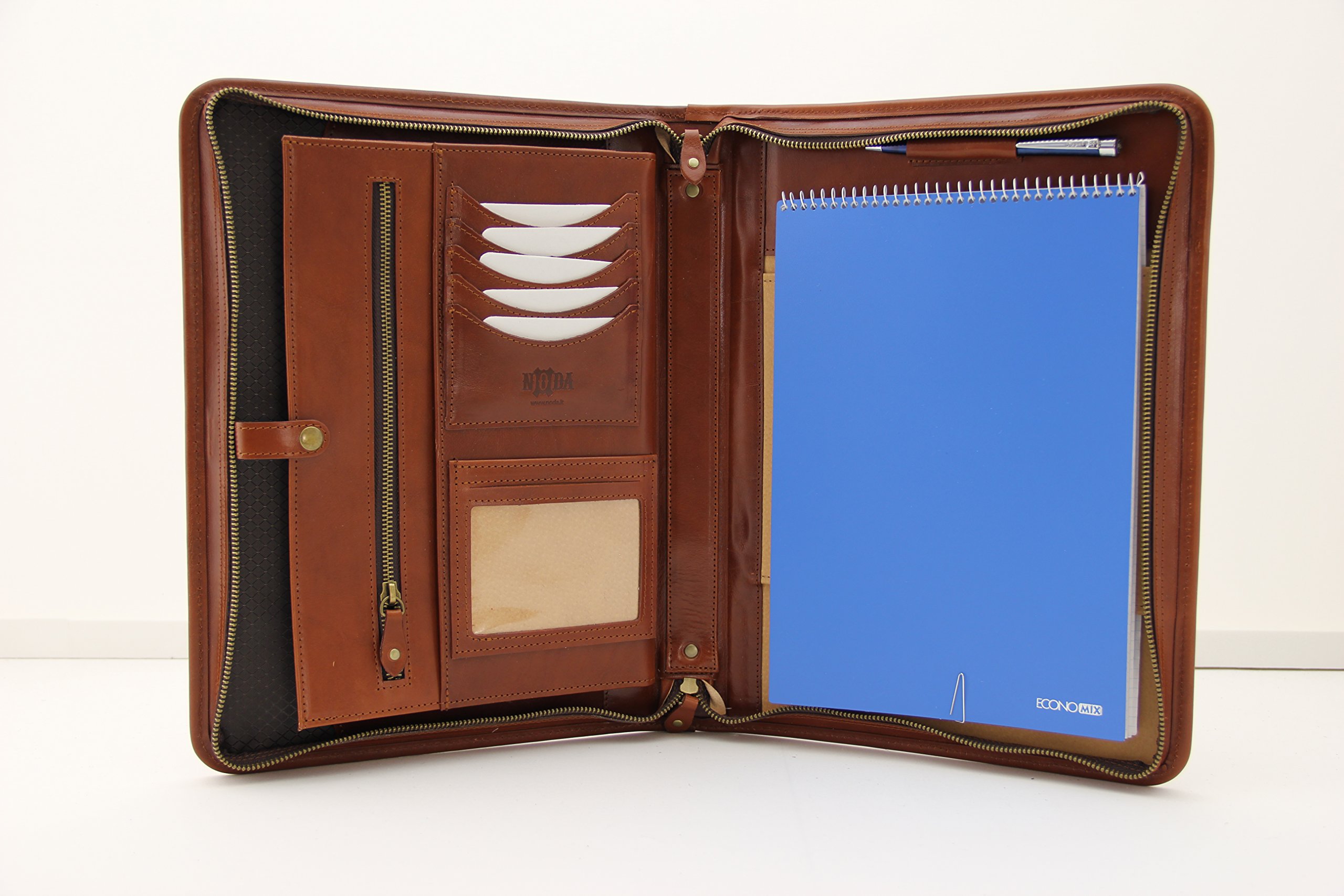 Italian Genuine Leather Zipped Business Conference A4 Folder Padfolio (Cognac)