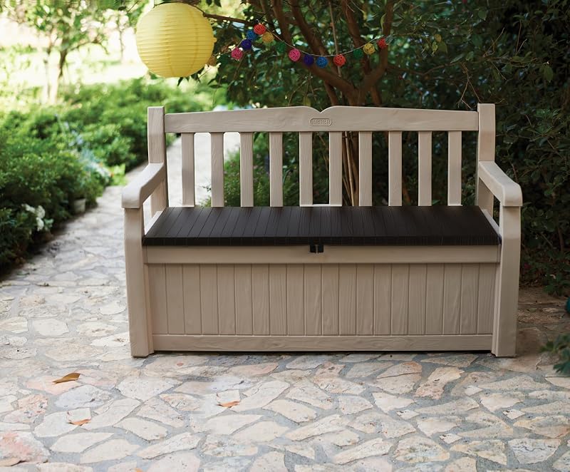 Cassapanca Contenitore Eden con Capacità di 265 Litri in Resina, Resistente agli agenti atmosferici, Colore Beige/Marrone, 140 x 60 x 84 cm