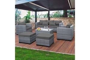 Lviden 6 Pieces Wicker Patio Furniture Sets Outdoor Conversation Set PE Rattan Sectional Sofa Couch with Storage Table and Grey Cushions