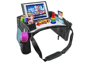 EVERYTHINGINPLACE Kids Car Seat Activity Tray | Inspire Active Toddlers & Big Kids for Years! Dry- Erase White Board & Eating Snack Travel Tray, with No-Drop Tablet iPad Holder Stand & Art Supplies Storage Pockets