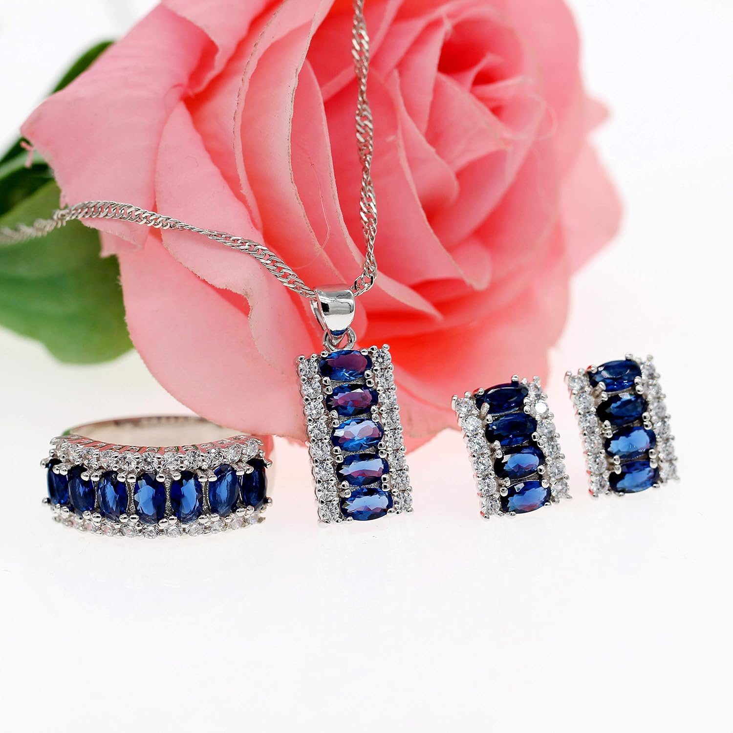 Uloveido Created Navy Blue Sapphire Diamond Oval Cut Rectangle Crystal Cubic Zirconia Necklace/Stud Earrings/Ring White Gold Plated - Image 4