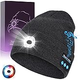 TOPIEI Bluetooth Beanie with Light, USB-C Charging 5 LED Flashlight Hat, Built-in Stereo Speakers Mic, Christmas Stocking Stuffers White Elephant Gifts for Men Dad Teens Boys for Camping Fishing