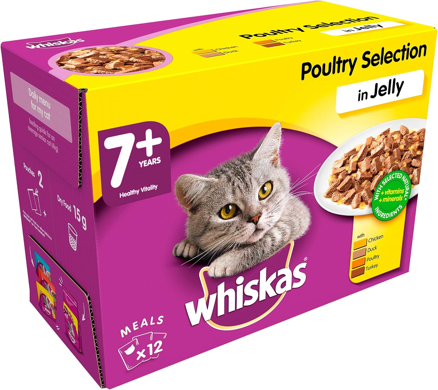 Whiskas 7+ - Wet Cat Food for Senior Cats - Poultry Selection in Jelly - 12 x 100 g, 100 g (Pack of 12)