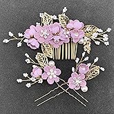 PRETTYLIFE Bridal Flower Hair Combs Pins Set 3pcs Wedding Pink Floral Rhinestone Pearl Gold Leaf Vine Hair Pieces Accessories for Women