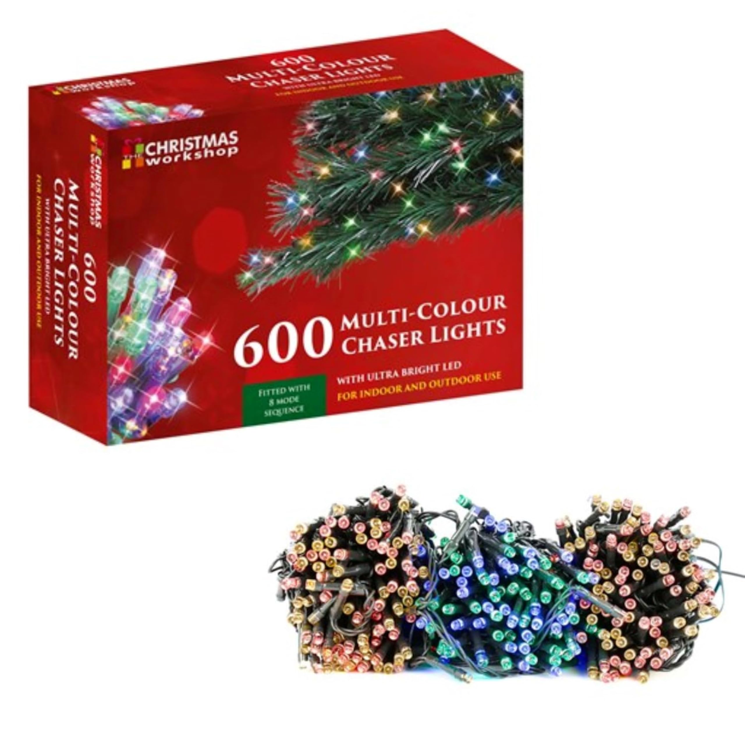 The Christmas Workshop 77570 600 Multi-Coloured LED Chaser Christmas Lights/Indoor or Outdoor Fairy Lights / 41.9 Metres / 8 Light Modes/Great for Christmas, Weddings & Gardens