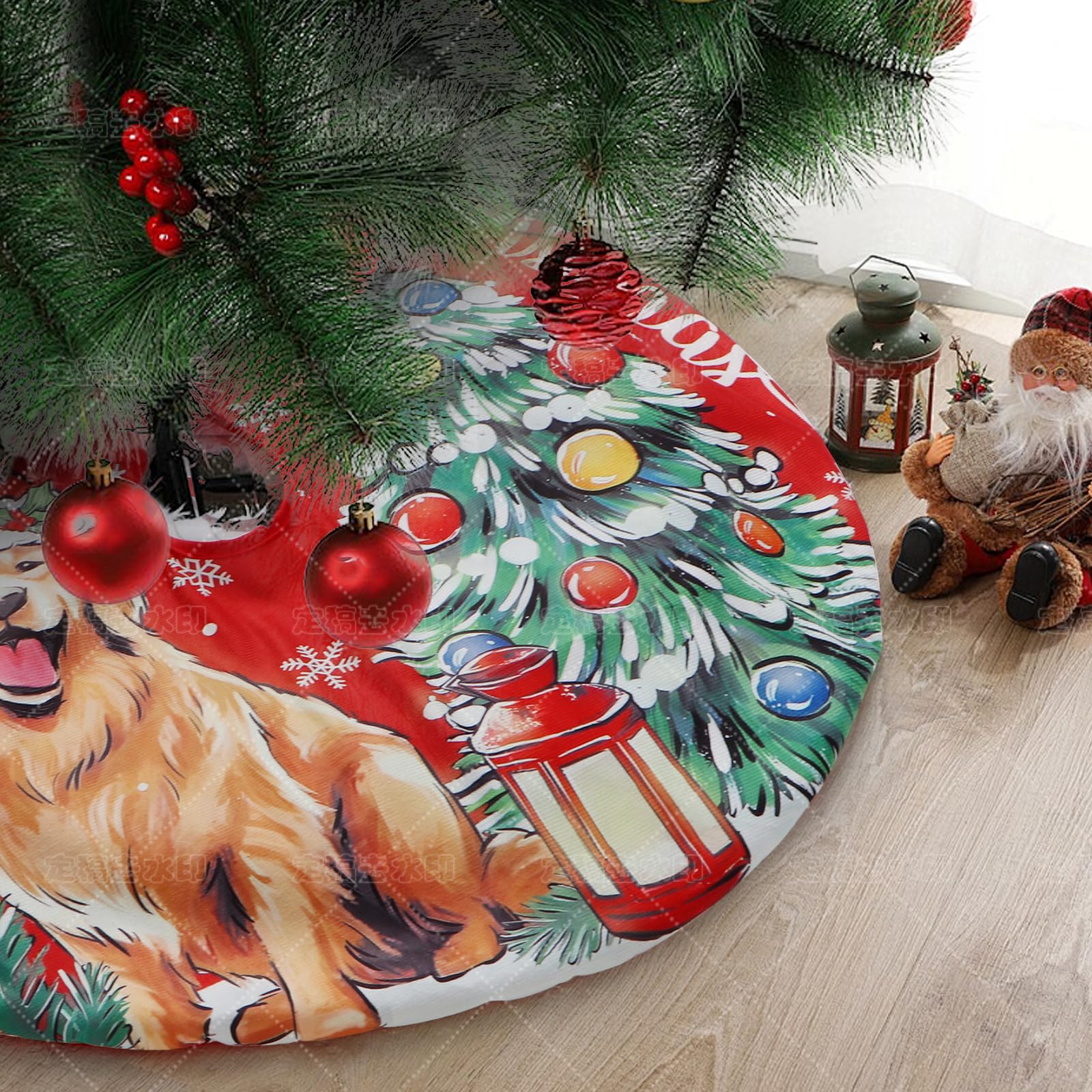 Aqlithle Christmas Tree Skirt, 30 Inches Tree Mat, Dog and Tree Round Xmas Cover for Xmas Indoor Outdoor Home Holiday Merry Christmas Party Christmas Tree Decoration