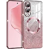 Casetego for Galaxy S25 Edge Case,Compatible with MagSafe,Clear Magnetic Glitter Gradient Sparkle Luxury Plated Soft TPU Bumper Full Camera Lens Protector for Samsung Galaxy S25 Edge,All Rose Gold