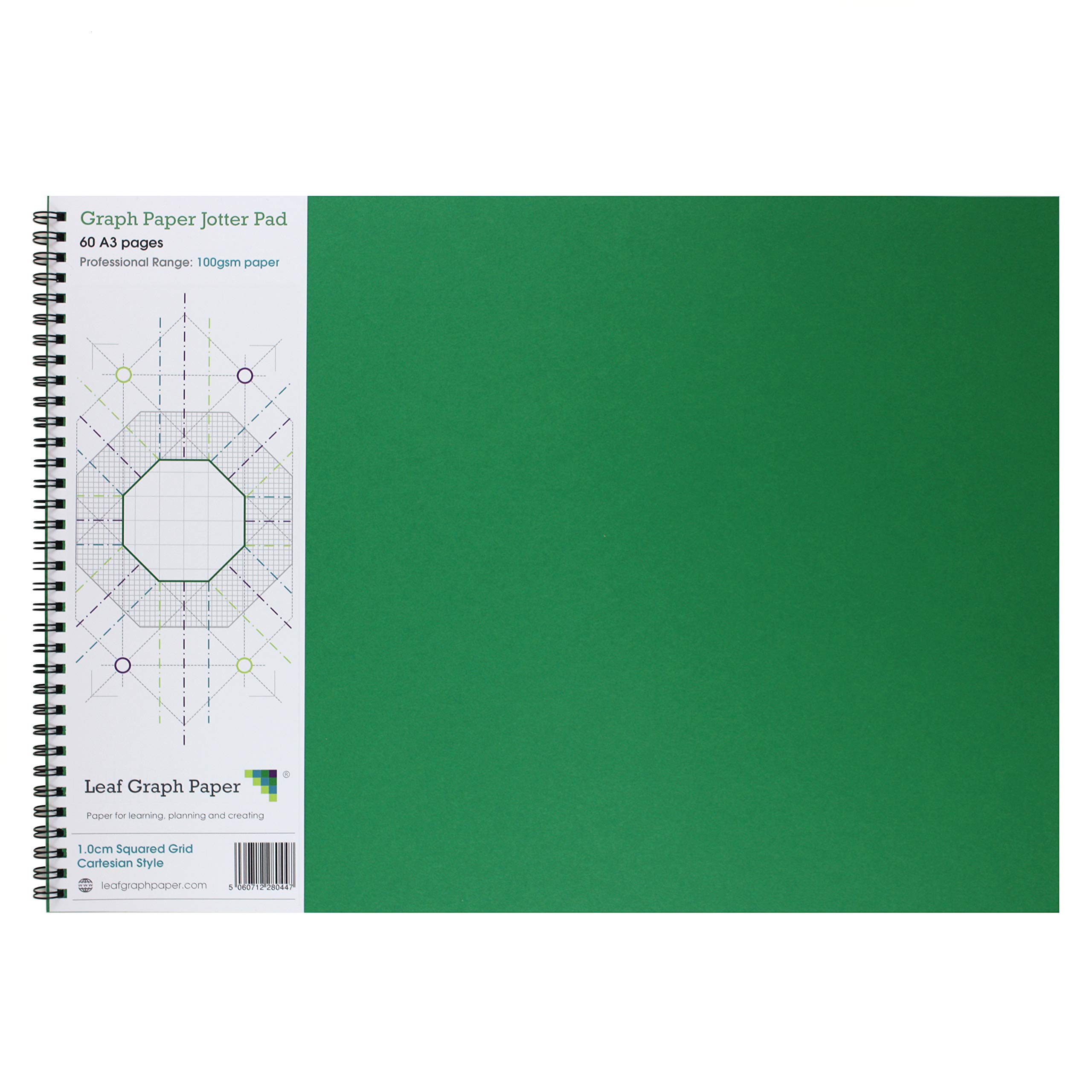 Leaf Graph A3 Graph Paper Notebook, 10mm (1cm) Squared Cartesian Grid, Wirebound 60 Pages for Math, Science and Engineering Sketching
