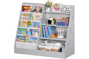 Lerliuo 4 Tier Kids Bookshelf and Storage Organizer, Five Layer Sling Children Bookcase, Baby Toddler Wooden Book Shelf, Grey