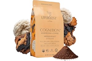 Lifeboost Cognition Adaptogenic Mushroom Coffee - Great Tasting Organic Lions Mane & Chaga Medium Roast Nootropic Coffee - Increase Energy, Boost Focus & Immune Support - 12 oz Bag - Ground