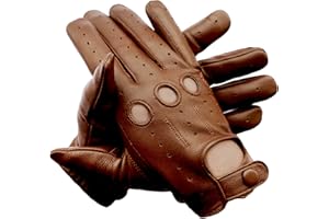Men Driving Gloves with Knuckle Holes Genuine Sheep Leather Brown