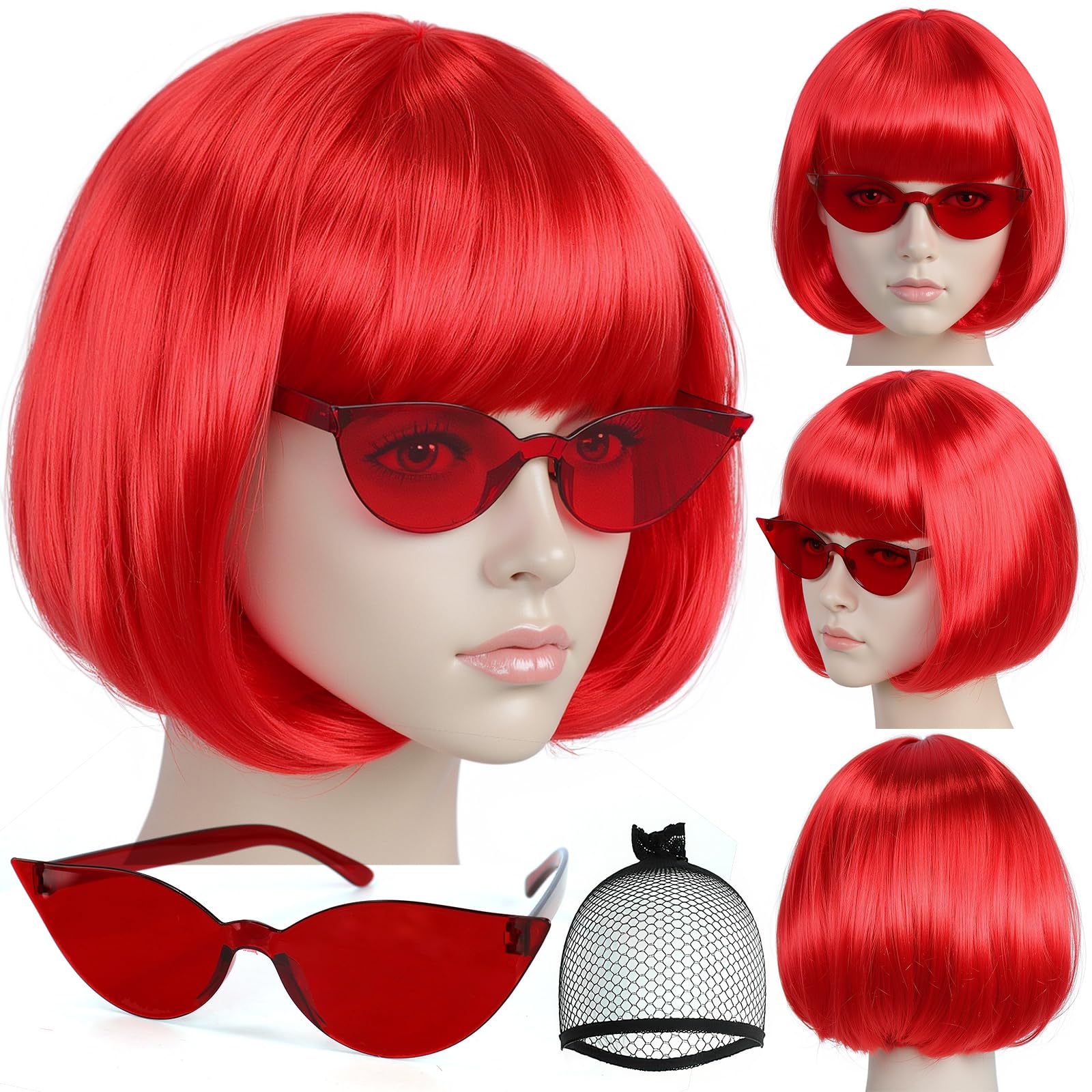 Photo 1 of IMEYLE Short Red Bob Wig +Sunglasses Short Red Wig with Bangs Bright Red Cosplay Wigs for Women Costume Halloween Crazy Fun Party Wigs for Women Pelucas De Mujer+ Hair Cap