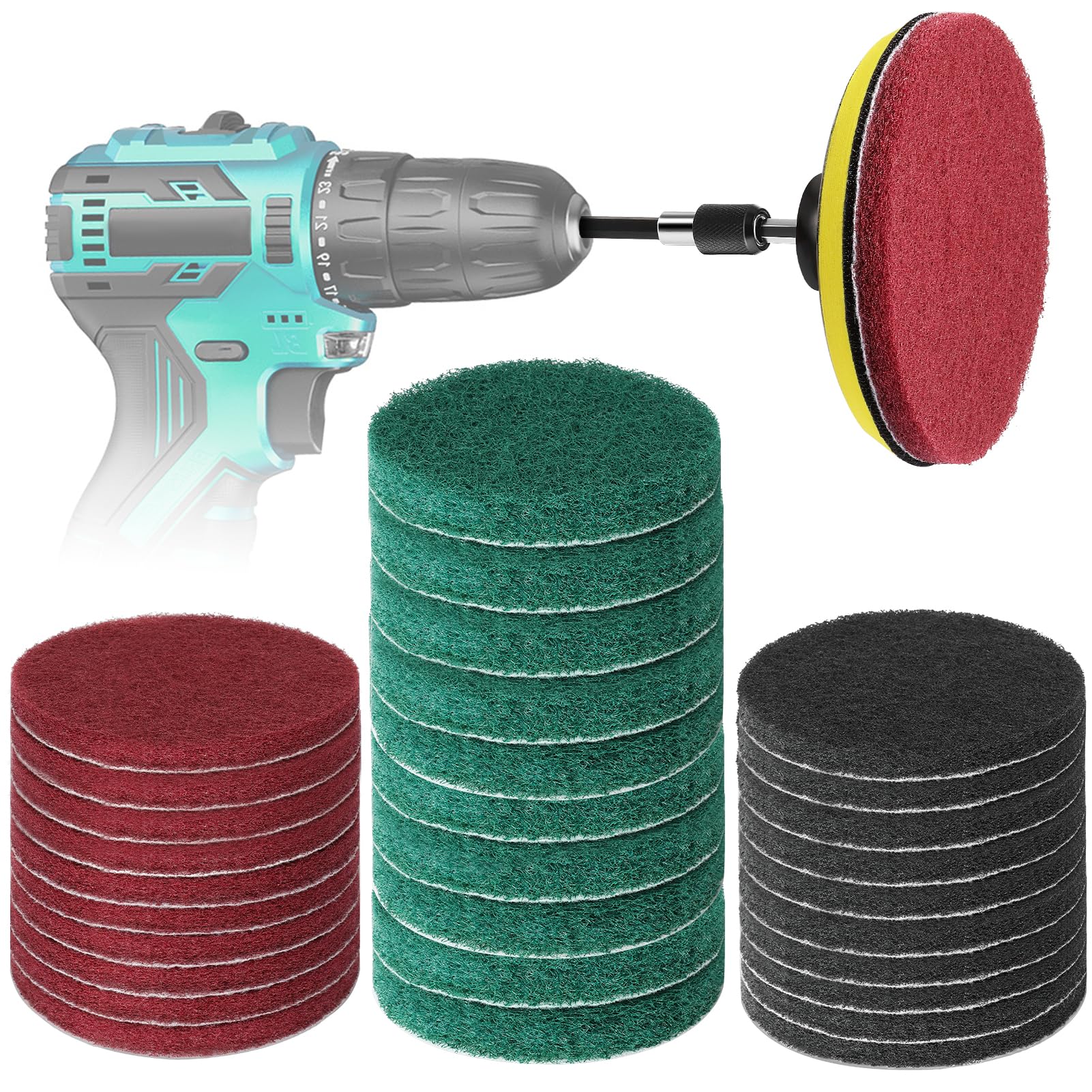 GOH DODD Power Scrub Pads Drill Attachment, 30 Pieces 5 Inch Cleaning Kit Scouring Pads with Baker and Universal Shaft Great for Kitchen, Bathroom, Auto, Grout, Carpet, Shower, Tub, Grill,Tile